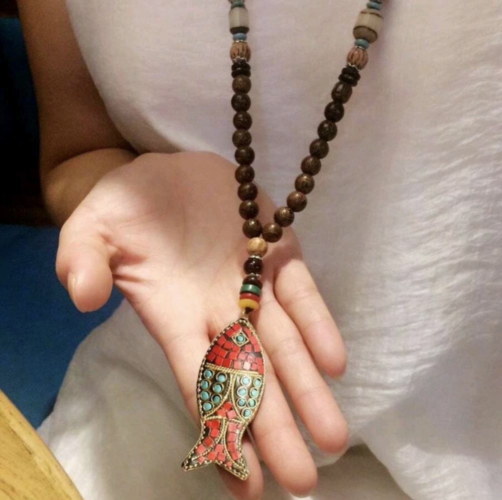 Long Sweater Necklace 20" Stone Bead Red Blue Pisces Fish Jewelry Boho Necklaces